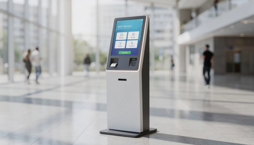 A modern freestanding self-service payment kiosk with a bright touchscreen in a public-building environment, illustrating on-screen kiosk advertising and customer communications.