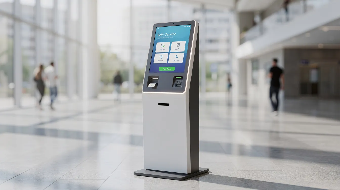 A modern freestanding self-service payment kiosk with a bright touchscreen in a public-building environment, illustrating on-screen kiosk advertising and customer communications.